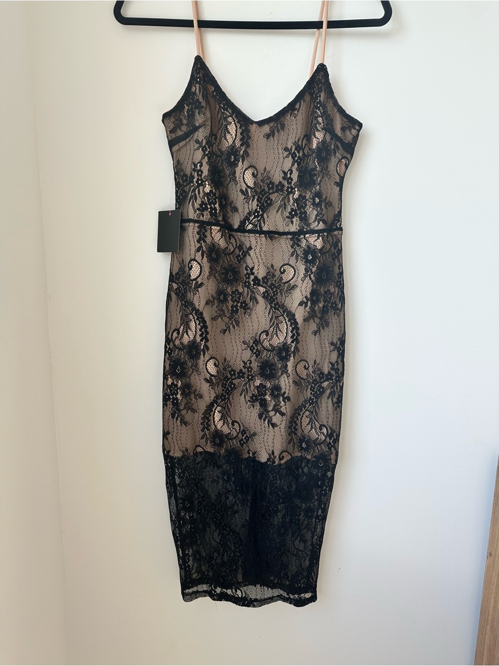 bebe Black Lace Overlay Dress with Nude Lining